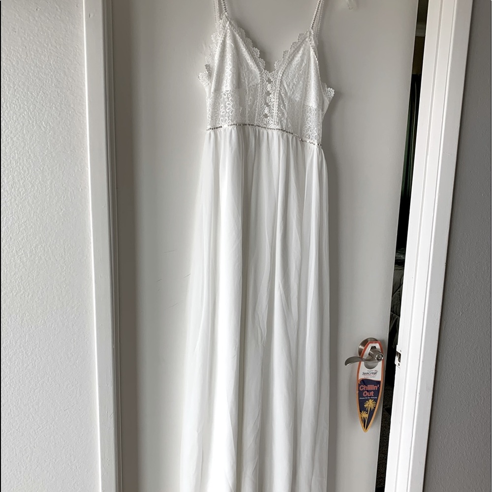 Delicate chiffon & lace low back maxi dress